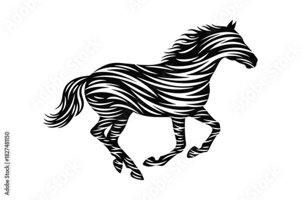Fototapeta Stylized black and white illustration of a running zebra, showcasing its distinctive stripes and dynamic movement