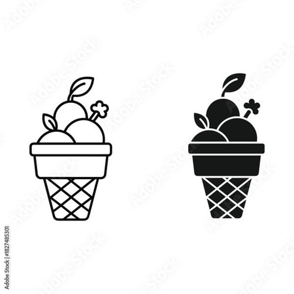 Fototapeta Two stylized ice cream cones with fruit and a flower in a waffle cone