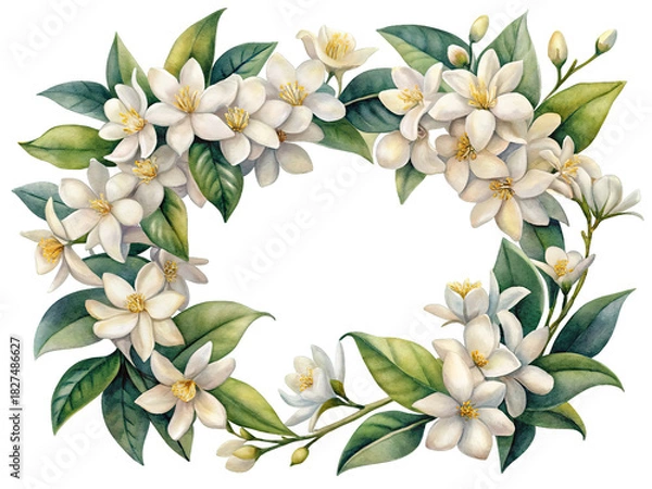Obraz Watercolor white floral wreath with green leaves, elegant frame isolated on transparent background