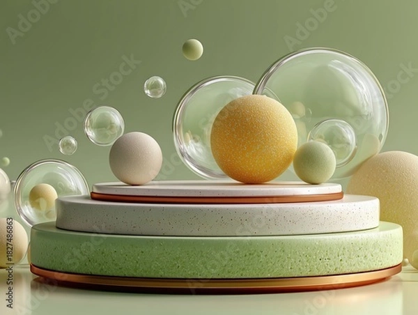 Fototapeta Minimalist Product Display with Mint Green Background, Floating Glass Bubbles and Decorative Spheres