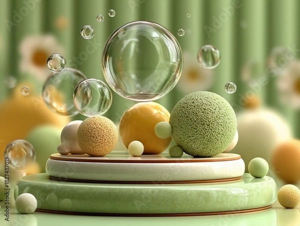 Fototapeta Minimalist 3D Product Display with Mint Green Background, Glass Bubbles and Pastel Spheres
