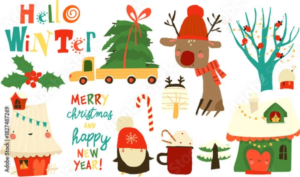 Obraz Vector Cartoon Set With Cute Animals and Christmas Elements