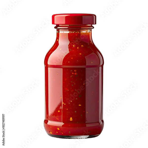 Fototapeta A vibrant red hot sauce bottle with visible chili flakes against a deep black background.