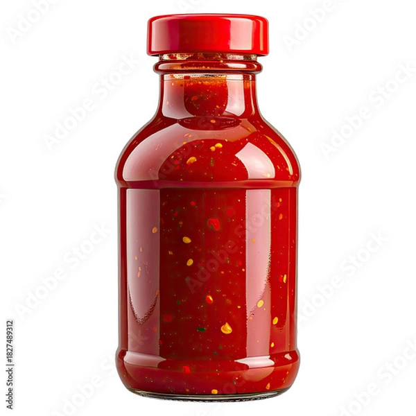 Fototapeta A close-up studio shot of a glass bottle filled with vibrant red chili sauce against a black background.