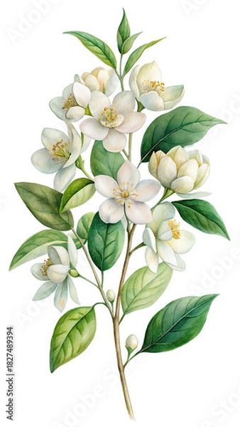 Obraz Watercolor botanical illustration of fresh white jasmine flowers isolated on transparent background