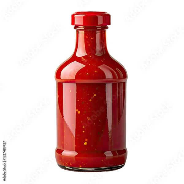Fototapeta A vibrant red glass bottle filled with spicy sauce stands against a stark black background.