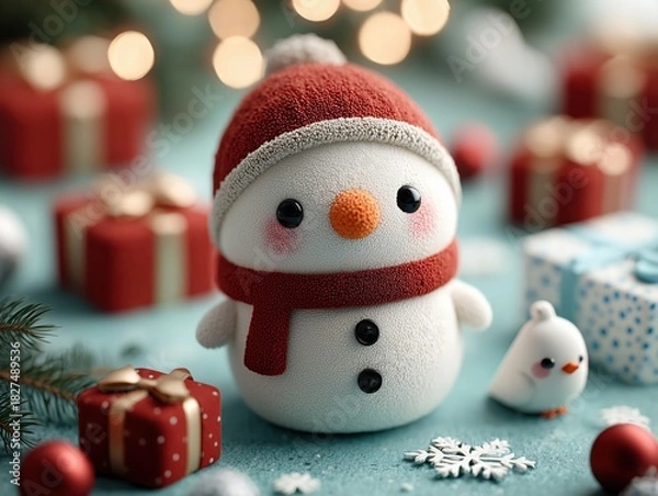 Fototapeta Christmas Flat-lay 3D Scene with Snowman and Red Gift Boxes on Turquoise Background