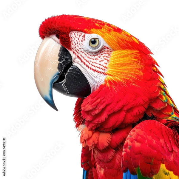 Fototapeta A stunning close-up portrait of a vibrant Scarlet Macaw against a stark black background.