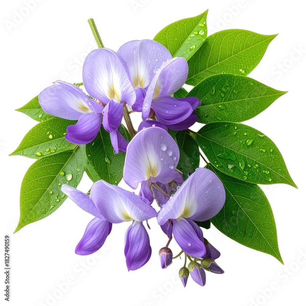 Fototapeta A cluster of purple wisteria blossoms and green leaves adorned with morning dew against a stark black background.