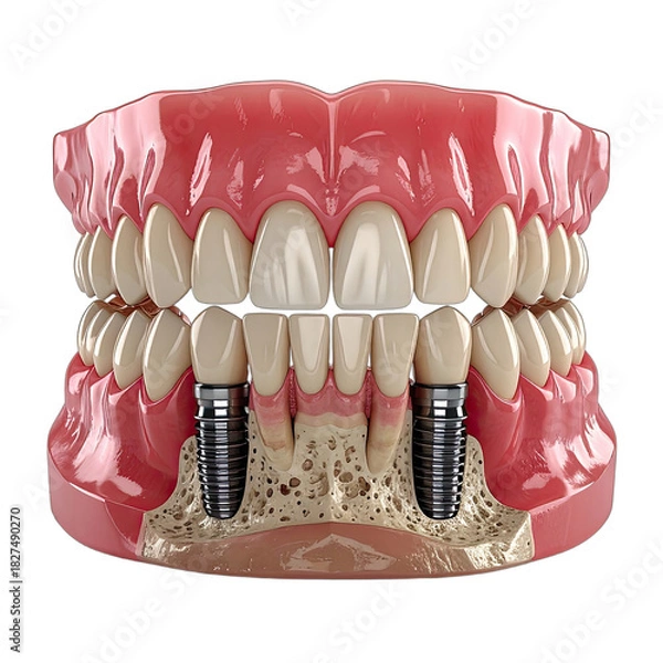 Fototapeta A detailed 3D illustration showcasing a dental implant model with a cross-section view of the jawbone.