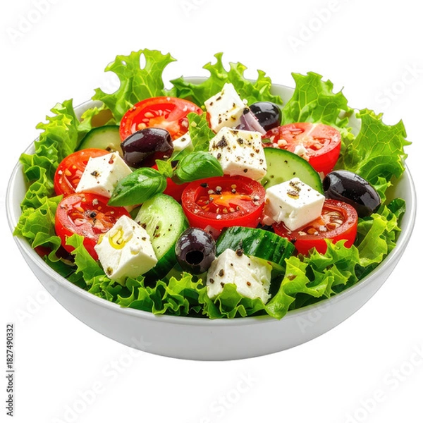 Fototapeta A vibrant Greek salad featuring fresh lettuce, tomatoes, cucumbers, olives, and feta cheese, presented in a white bowl against a black background.