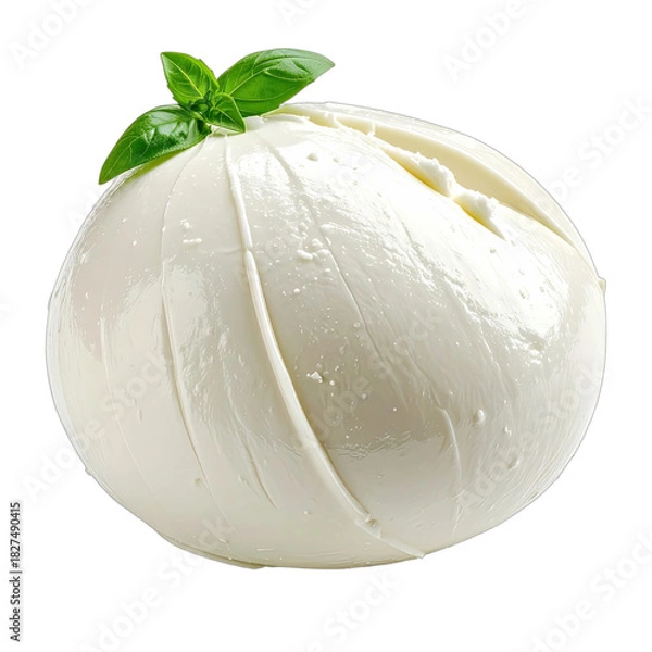 Fototapeta A single fresh ball of mozzarella cheese with basil garnish isolated on black.