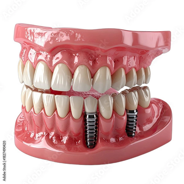 Fototapeta 3D illustration of a dental model showcasing upper and lower arches with multiple tooth implants on a black background.
