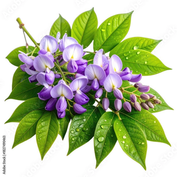 Fototapeta A vibrant cluster of purple wisteria blossoms and green leaves with dew drops against a black background.
