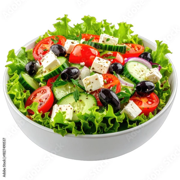 Fototapeta A vibrant, fresh Greek salad served in a white bowl against a black background.