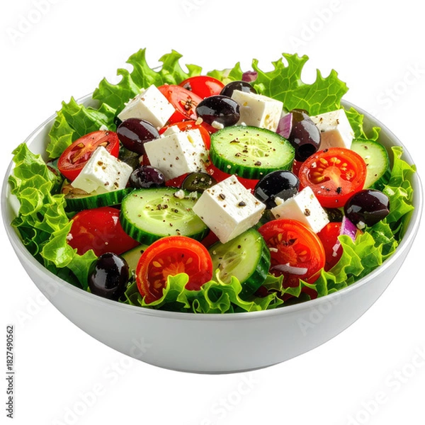 Fototapeta Fresh Greek Salad in a White Bowl on Black Background