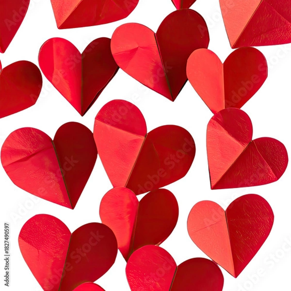 Fototapeta A striking pattern of deep red, three-dimensional paper hearts set against a stark black background.
