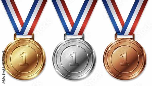 Obraz Gold, silver, and bronze medals. Realistic 3D award medals with ribbons, symbolizing first, second, and third place in sports, competitions, and athletic events. Vector illustration.
