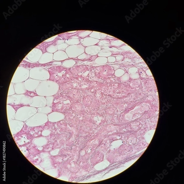 Fototapeta Elastic Cartilage Tissue Under Microscope – Human Histology Micrograph (High-Resolution Pink Stain)