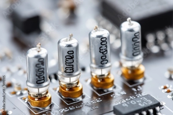 Fototapeta Ultra-macro of surface-mount capacitors on circuit board, crisp solder joints and metallic detail in soft lab lighting