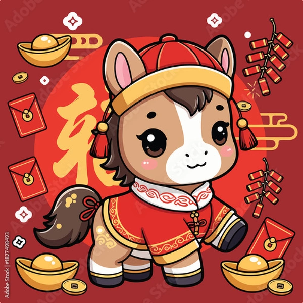 Fototapeta Smiling Chinese New Year Horse with Traditional Decor