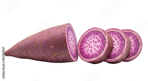 Obraz Purple sweet potato whole and slices displaying vibrant healthy inside