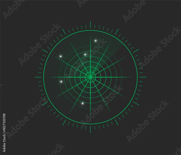 Fototapeta Classic green military radar screen displaying four bright contacts on a dark grid. It shows range rings and azimuth markers for target tracking.