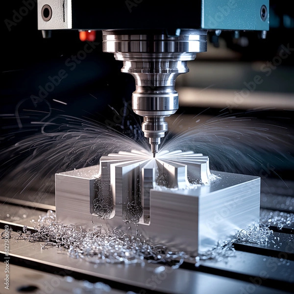 Fototapeta A CNC milling machine is precisely cutting a metal block, creating intricate shapes and metal shavings