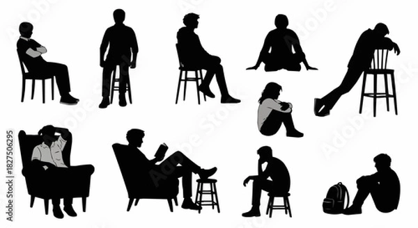Fototapeta Collection of diverse human silhouettes in various sitting and resting poses.