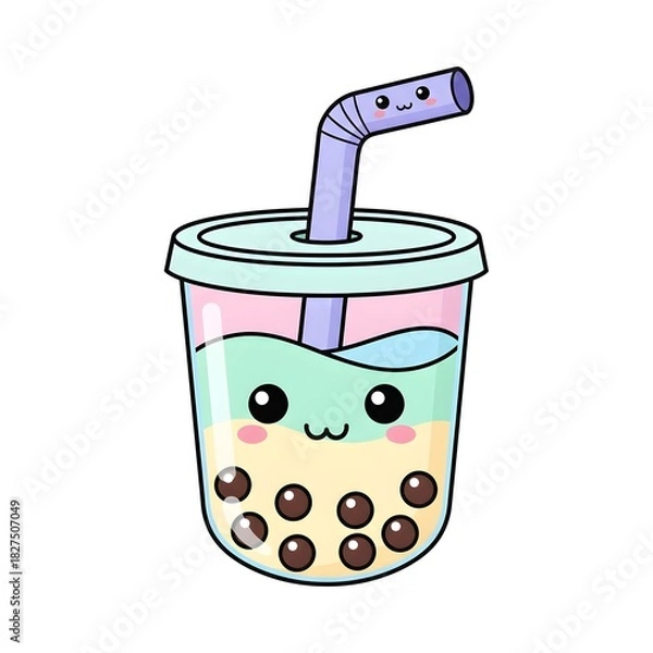 Fototapeta Cute Bubble Tea Cup with Smiling Face
