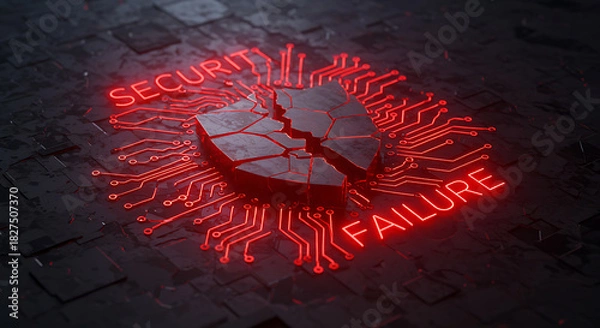 Obraz Broken shield with red neon security failure text on circuit board