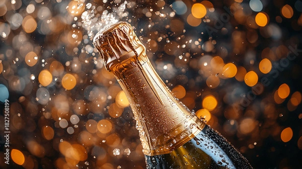 Obraz Bottle of champagne on bokeh background - ai generative