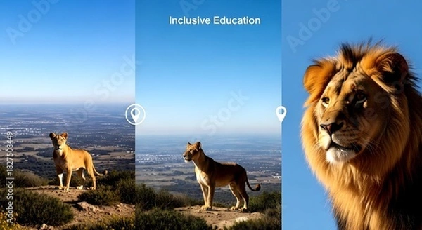 Obraz Lioness on Hilltop Overlooking Landscape with "Inclusive Educati