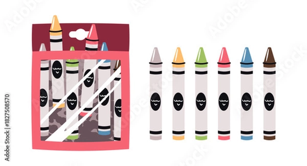 Fototapeta Wax Crayons Set in Flat Design on White Background. Colorful Kids Art Supplies for School, Drawing, and Creative Projects. Perfect for Children's Products, Educational Materials, and Packaging Design