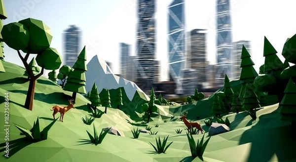 Obraz Low-Poly Deer in a Mountainous Landscape with Blurred City Backd