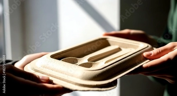 Obraz Hands Holding Eco-Friendly Food Container with Spoons, Lit by Su