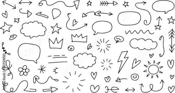 Fototapeta Various hand drawn doodle elements, including arrows, stars, hearts and more create a unique set