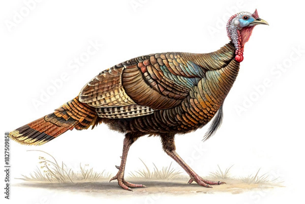 Fototapeta Turkey Illustration: A detailed illustration showcases the distinctive features of a turkey, a common bird species, in a serene, nature-inspired setting.