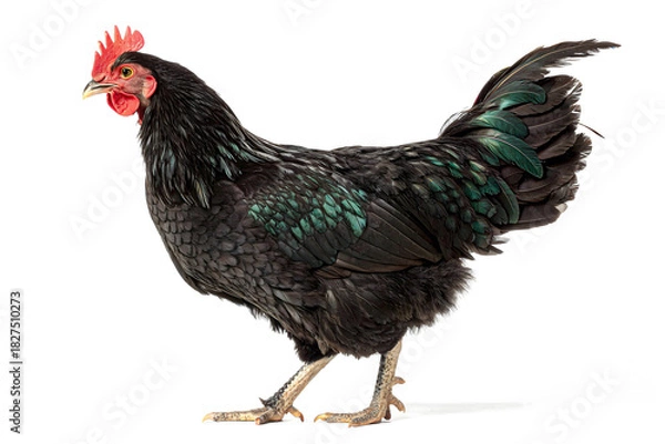 Obraz Elegant Hen in Profile: A close-up profile captures a hen's captivating presence, displaying rich black plumage, a distinctive red comb, and sharp eye.