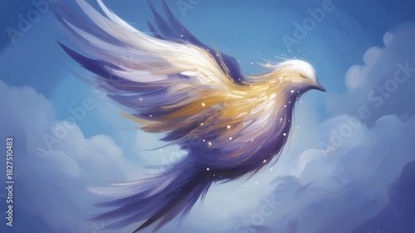 Fototapeta Majestic bird soars through a dreamy cloudscape with golden light and gentle feather strokes