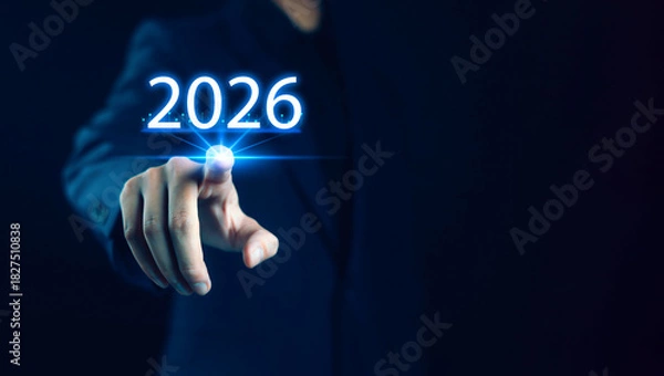 Fototapeta 2026 Business Plan Ideas from Wood Block Show Aim for Growth in 2027. Icon, Business, Design, Technology. Calendar is perfect for business planning, digital thinking and futuristic design. 