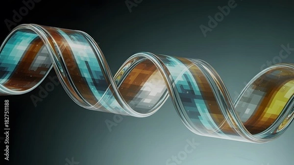 Fototapeta Abstract Geometric Ribbon Swirl with Pixelated Texture in Turquoise and Brown Colors