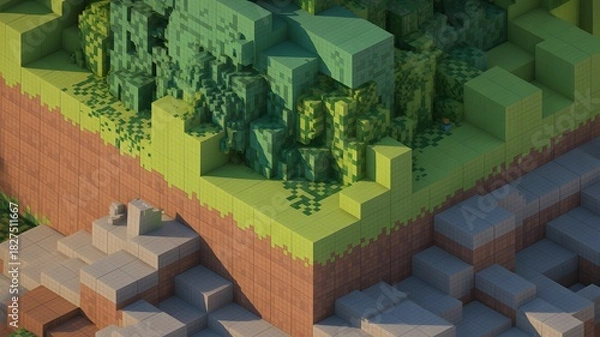 Fototapeta Isometric pixelated landscape featuring grassy terrain earth and stone blocks showcasing a stylized voxel world