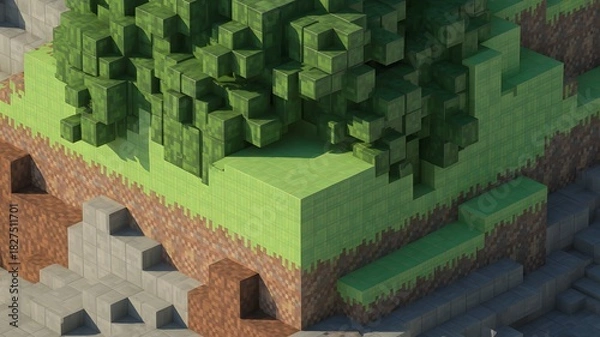 Fototapeta Isometric view of a virtual world with pixelated tree and landscape design