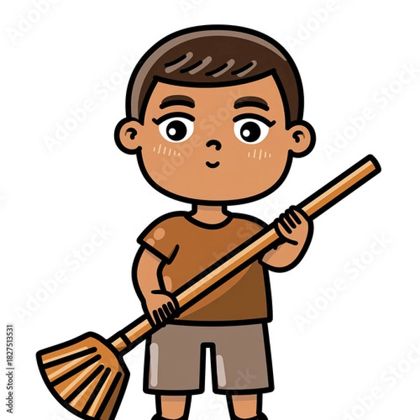 Fototapeta Cute Cartoon Boy Holding a Broom Ready for Cleaning Tasks with a Friendly Expression and Brown Outfit on Transparent Background