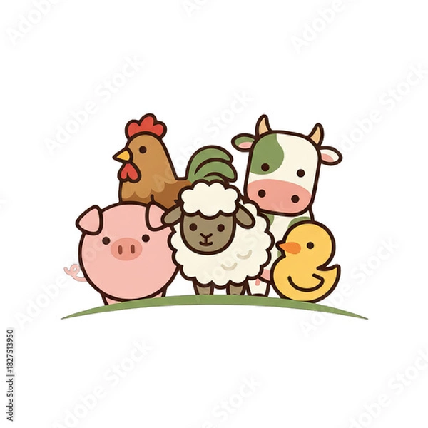 Fototapeta Cute Cartoon Farm Animals Including Pig Chicken Sheep Cow And Duck Standing Together On Green Grass With A Black Background Isolated Vector Illustration