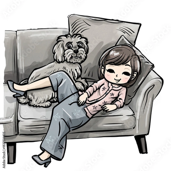 Fototapeta Cute cartoon illustration of a woman and a small fluffy dog relaxing on a gray sofa, playful pet behavior, happy lifestyle, cozy atmosphere, simple drawing style with clean lines and flat colors