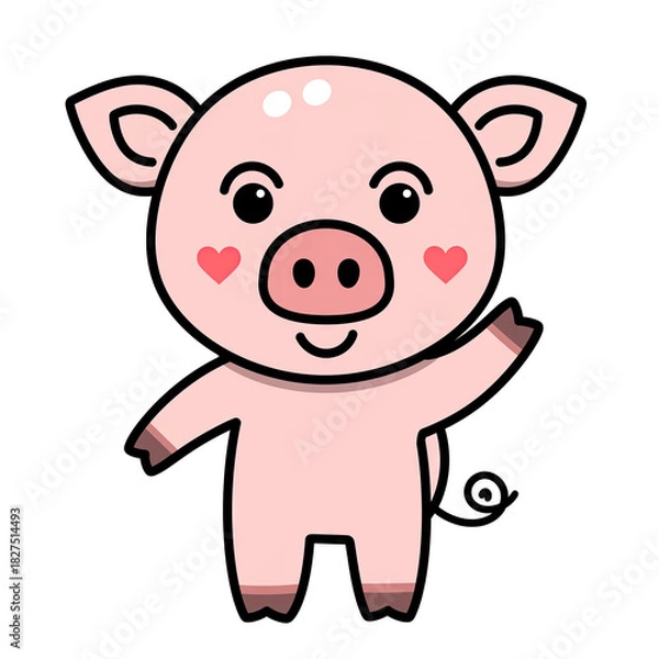 Fototapeta Cute cartoon pig waving with pink hearts on cheeks and a playful expression on a transparent background