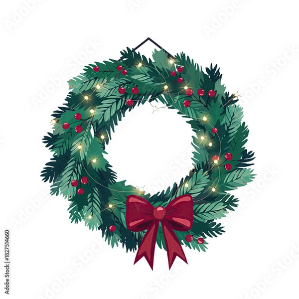 Fototapeta Festive Christmas Wreath with Green Pine Branches Red Berries Golden Lights and Deep Red Bow on Transparent Background