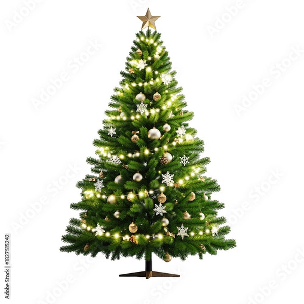 Fototapeta Festive Green Christmas Tree Adorned With Golden Ornaments and Twinkling White Lights Topped With a Star Isolated on a Black Background